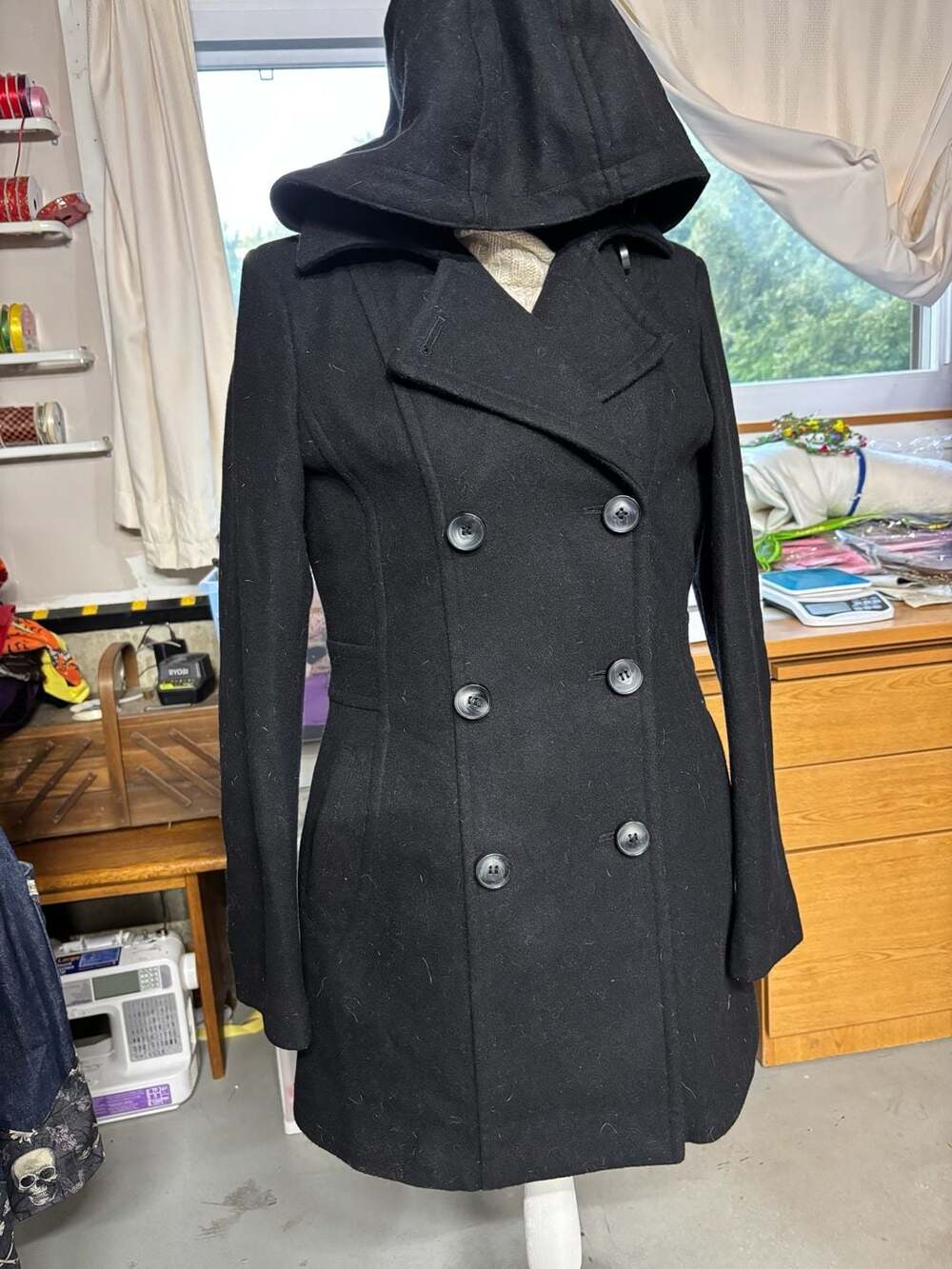 Wool Blend Double Breasted Hooded Peacoat Black